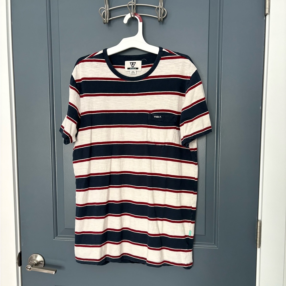 VISSLA Men's Navy and Red Striped Tee